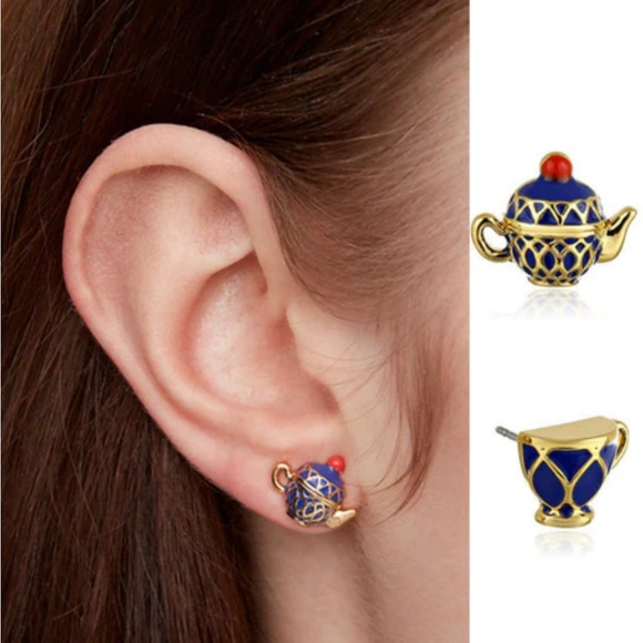 Kate Spade | Disney ~ Alice In Wonderland Blue Enamel Teacup Studs 12k Gold - Picture 2 of 12